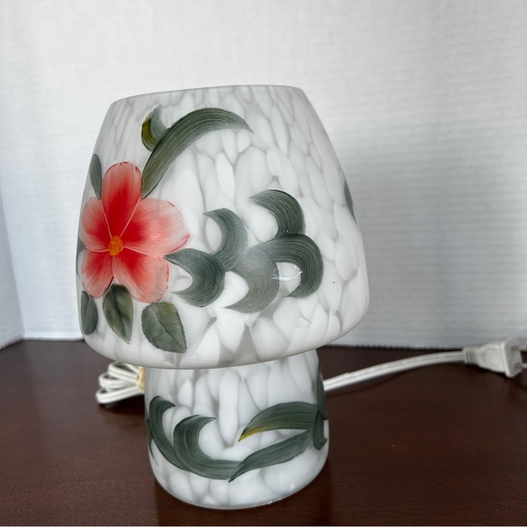 Vintage Satin Glass Murano Style Mushroom Lamp Floral Design - Picture 2 of 9